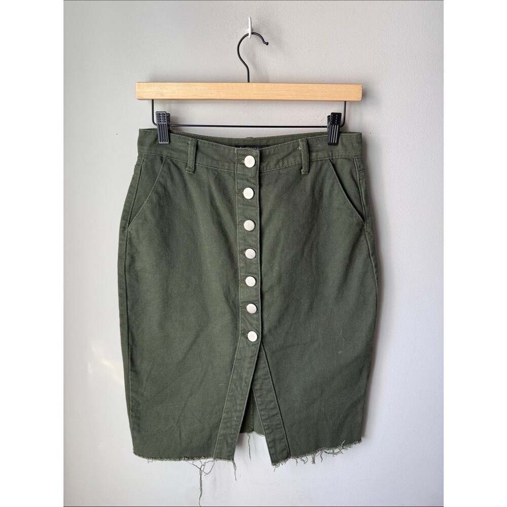 Forever 21 Olive Green Button Front Denim Raw Hem Utility Midi Pencil Skirt